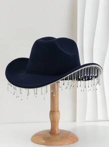 1pc Solid Color Unique Personality Sparkling Rhinestone Tassel Hat, With Shewee Cowgirl Hat, Suitable For Girlcore, Vintage, Floral, Spring Summer Bright Colors, Pink Aesthetic, Novel Punk Style Wide Brim BR Street Fashion, 2024 Wedding Essentials, Classy Aesthetic, Dinner Party Essentials, Suitable For Parties, Western-Themed Events, Gatherings, Engagement Parties, Cosplay, Graduation Ceremonies, Masquerades, Festivals, Weddings, Birthday Celebrations, Music Festivals, Coming-Of-Age Ceremonies Halloween