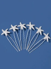 6 件装女士别致铆钉海星设计 U 型发夹新娘发夹头饰套装 - 銀色 - 查看 3