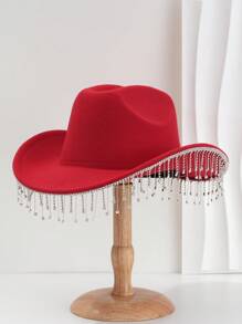 1pc Solid Color Unique Personality Sparkling Rhinestone Tassel Hat, With Shewee Cowgirl Hat, Suitable For Girlcore, Vintage, Floral, Spring Summer Bright Colors, Pink Aesthetic, Novel Punk Style Wide Brim BR Street Fashion, 2024 Wedding Essentials, Classy Aesthetic, Dinner Party Essentials, Suitable For Parties, Western-Themed Events, Gatherings, Engagement Parties, Cosplay, Graduation Ceremonies, Masquerades, Festivals, Weddings, Birthday Celebrations, Music Festivals, Coming-Of-Age Ceremonies Halloween