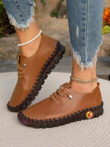 女士休闲简约时尚鞋2024新款，舒适牛筋软底拼接妈妈乐福鞋（请订购大一码） - 棕色 - 查看 5