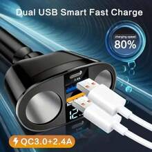 QC3.0 Car Charger Lighter Socket Splitter 12V/24V Dual USB Power Adapter Car Socket 5 Ports For Mobile Phone DVR Charging Type-C,New 66W Super Fast Charging QC3.0 Car Charging One Drive Two Digital Cigar Lighter Multi Functional USB Car Charger Car Accessories