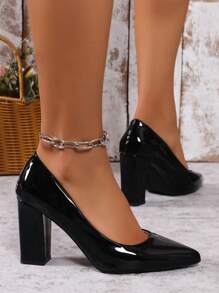 女士春季新品性感尖头低帮高跟鞋粗跟经典鞋 - 黑色 - 查看 4