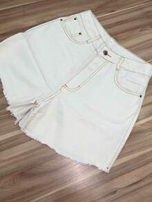 Women Denim Shorts - 米色 - 查看 3