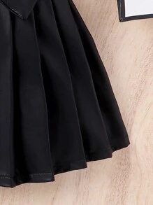 3 件套黑色优雅领背心配腰带和百褶裙，适合年轻女孩，夏季