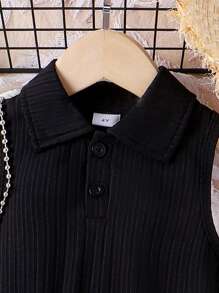 3 件套黑色优雅领背心配腰带和百褶裙，适合年轻女孩，夏季