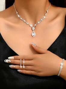 Bộ trang sức thời trang tối giản Vòng cổ Hoa tai Vòng tay Trang trí bằng đá Rhinestone, Quà tặng đám cưới/tốt nghiệp - Bạc - Xem 10