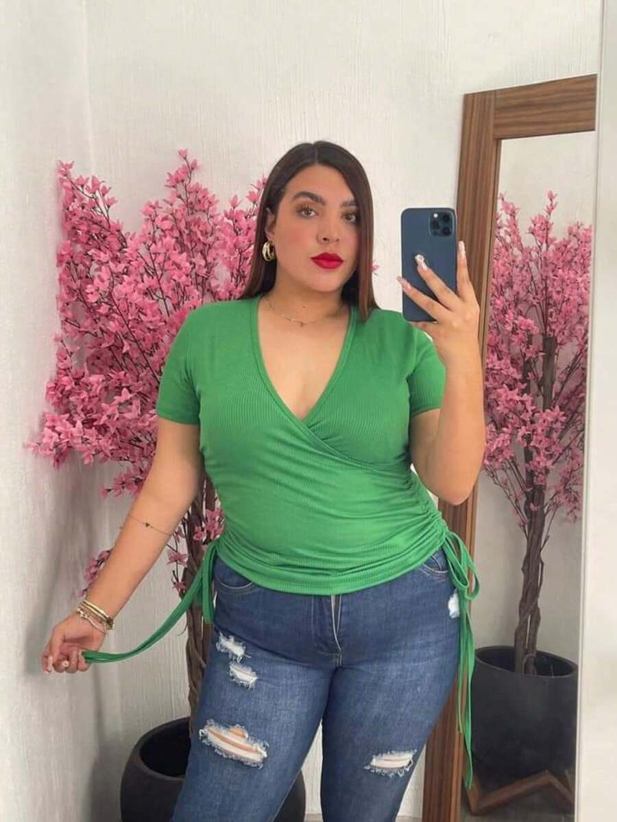 BLUSA TALLA CURVY DOBLE JARETA MOD. NALA TELA FRESCA RIF TEXTURA LIGERA - Verde Lima - Ver 1