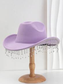 1pc Solid Color Unique Personality Sparkling Rhinestone Tassel Hat, With Shewee Cowgirl Hat, Suitable For Girlcore, Vintage, Floral, Spring Summer Bright Colors, Pink Aesthetic, Novel Punk Style Wide Brim BR Street Fashion, 2024 Wedding Essentials, Classy Aesthetic, Dinner Party Essentials, Suitable For Parties, Western-Themed Events, Gatherings, Engagement Parties, Cosplay, Graduation Ceremonies, Masquerades, Festivals, Weddings, Birthday Celebrations, Music Festivals, Coming-Of-Age Ceremonies Halloween