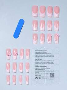 Conjunto de 24 piezas de uñas postizas cuadradas largas de diseño floral en 3D con pedrería al estilo francés, hechas de acrílico. Incluye 1 tubo de pegamento de jalea y 1 lima para uñas. Apto para mujeres y niñas para el uso cotidiano y de fiesta como suministros de uñas. uñas falsas uña falsa uña acrílica - Multicolor - Ver 4