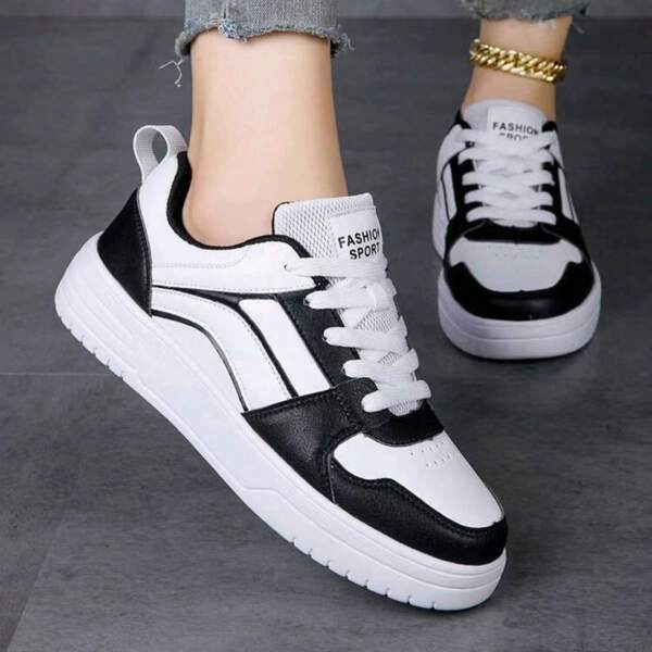 Scarpe sportive casual da donna, Sneakers basse con suola piatta e punta rotonda, Scarpe da skateboard con lacci, Scarpe da studente, Scarpe con suola bianca