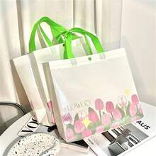 1入非織布郁金香禮品袋，優雅花卉層壓袋帶把手，適用於禮品，裝飾，婚禮，派對，服裝和購物婚禮派對禮品袋