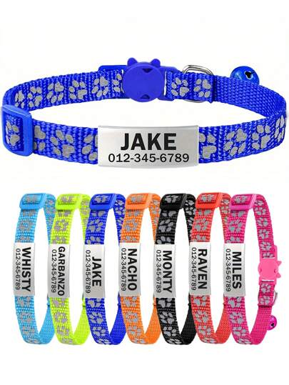 Customized Reflective Personalized Cat Collar, Equipped With Detachable Buckle, Bell, And Paw Print Pattern, Suitable For Small And Medium-Sized Male And Female Cats. Ornamental,Engraved,Stainless Stylish,Fashion,Colorful,Vintage,Cute,Contracted,Cuties Custom,Unique,Customized,Personalized Pet For Anniversaries,For Birthdays,Vacay Vibes,Pet Supplies,Customized Pet Supplies