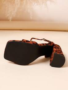 Chunky Heel High Heels Square Toe Women's Shoes Leopard Print Mid Heel Girls Sandals - Brown - View 4