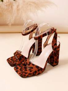 Chunky Heel High Heels Square Toe Women's Shoes Leopard Print Mid Heel Girls Sandals - Brown - View 6