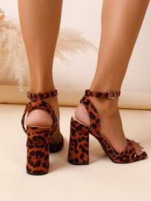 Chunky Heel High Heels Square Toe Women's Shoes Leopard Print Mid Heel Girls Sandals - Brown - View 7