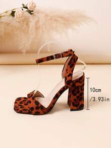 Chunky Heel High Heels Square Toe Women's Shoes Leopard Print Mid Heel Girls Sandals - Brown - View 5
