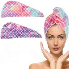 1入魚鱗印花吸水干髮帽，微纖維干髮巾，美人魚頭巾干髮帽 - 黃色 - 查看 1