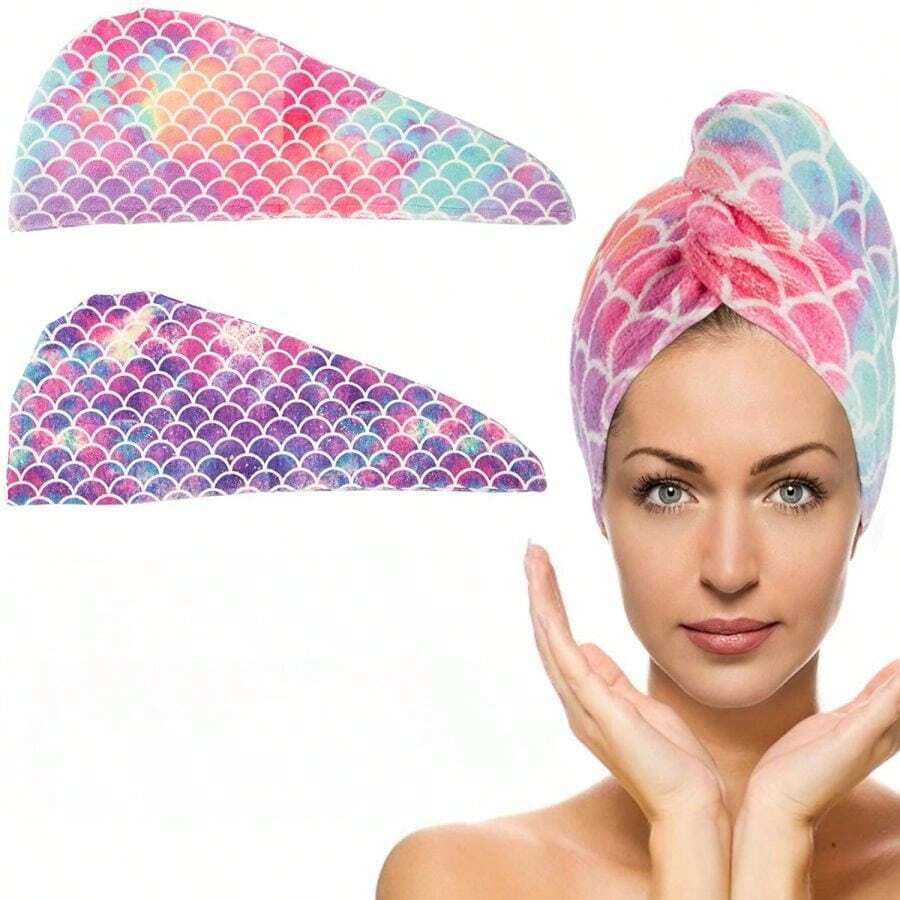 1入魚鱗印花吸水干髮帽，微纖維干髮巾，美人魚頭巾干髮帽 - 黃色 - 查看 1