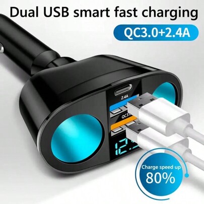 QC3.0 Car Charger Lighter Socket Splitter 12V/24V Dual USB Power Adapter Car Socket 5 Ports For Mobile Phone DVR Charging Type-C,New 66W Super Fast Charging QC3.0 Car Charging One Drive Two Digital Cigar Lighter Multi Functional USB Car Charger Car Accessories