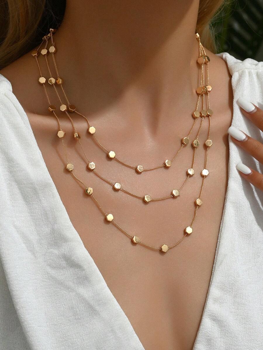 1條簡約優雅流行的多層金鏈項鍊，適用於女士的日常和假日休閒配飾 - 金黃色 - 查看 1