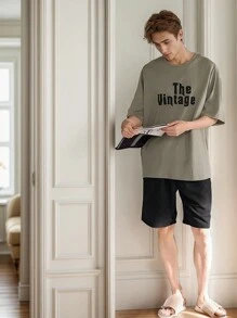 Men's Summer Pajamas Short Sleeve Round Neck Leisure Print Homewear Shorts Set, Vacation