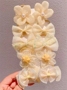 10个花朵蝴蝶结造型发圈，女士弹力发绳，马尾辫发饰，可爱甜美，高弹力，无卡片纸包装，情人节马尾辫发圈，橡皮筋，发绳，头饰弹力发带 - 彩色 - 查看 12