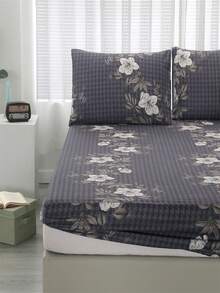 3pcs Polyester Brushed Fabric Bedding Set With Plant Print Including 1 Fitted Sheet And 2 Pillowcases (Pillow Cores Not Included) - Elegant Style - View 3