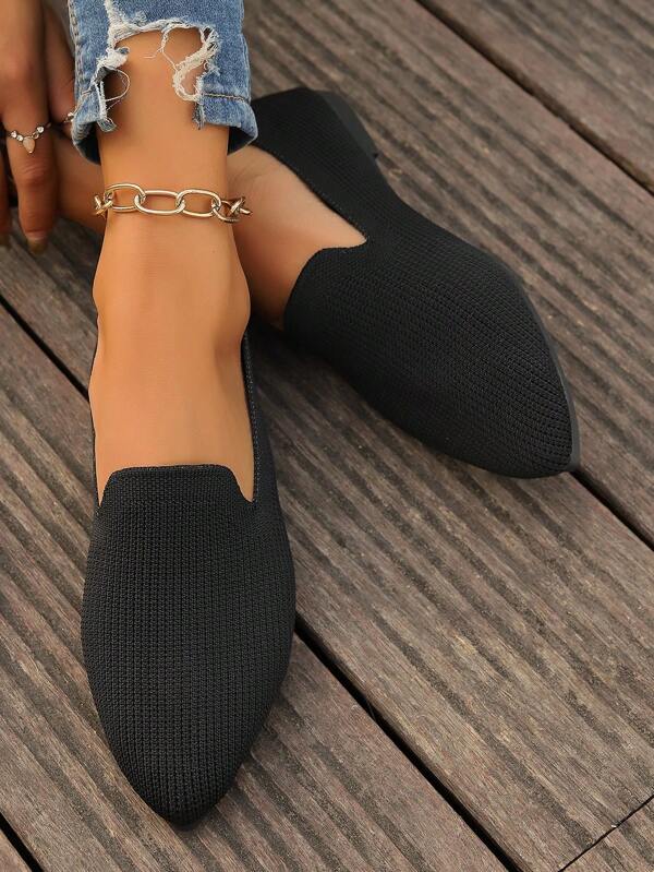 Plus Size Simple Knitted Women Loafers, Casual Breathable Women Pointed Toe Flats, Comfortable Outdoors Work Commute Shoes