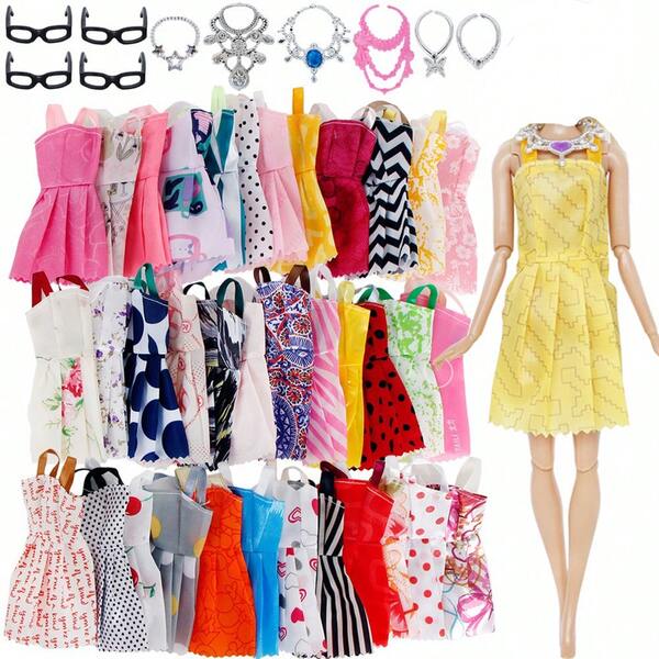 Conjunto de armario de ropa de lujo para muñecas - incluye 20 piezas, con 10 mini vestidos de moda, 6 collares elegantes, 4 pares de gafas de moda - apto para muñecas de 30 cm y regalo de cumpleaños, decoración del hogar