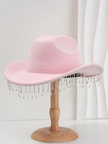 1pc Solid Color Unique Personality Sparkling Rhinestone Tassel Hat, With Shewee Cowgirl Hat, Suitable For Girlcore, Vintage, Floral, Spring Summer Bright Colors, Pink Aesthetic, Novel Punk Style Wide Brim BR Street Fashion, 2024 Wedding Essentials, Classy Aesthetic, Dinner Party Essentials, Suitable For Parties, Western-Themed Events, Gatherings, Engagement Parties, Cosplay, Graduation Ceremonies, Masquerades, Festivals, Weddings, Birthday Celebrations, Music Festivals, Coming-Of-Age Ceremonies Halloween