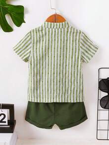 Trang phục kết hợp áo sơ mi sọc và quần short đẹp trai mùa hè, dành cho nam - màu xanh lá - Xem 2