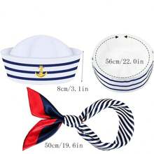 1pc (2 Colors Available) Blue Striped Sailor Hat Ideal For Captain Role Play, Yacht Party With Adjustable Size, And White Striped Handkerchief & Bow Tie - Perfect For Halloween And Costume Parties