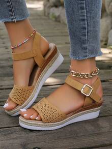 夏季休閒露趾平底坡跟涼鞋，帶趾環 - 駝色 - 查看 3