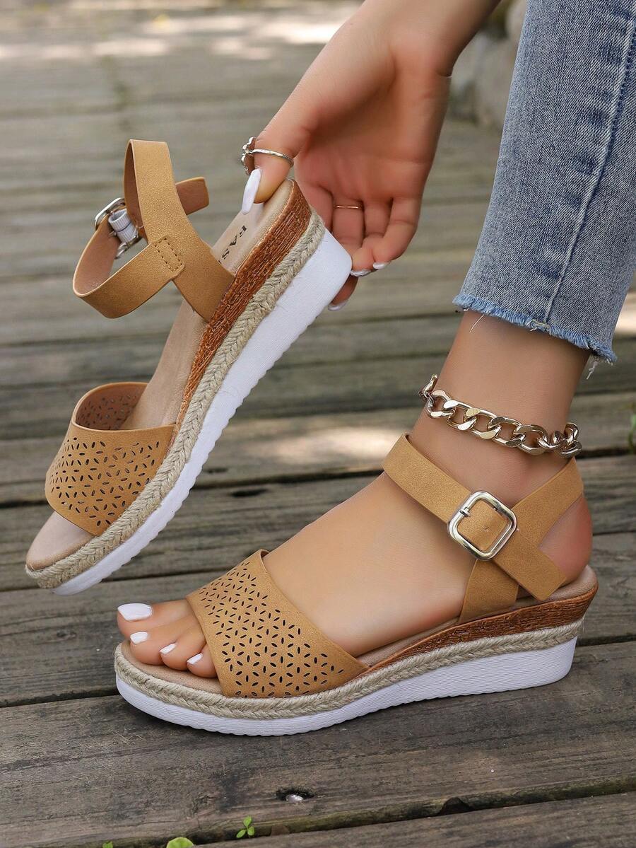夏季休閒露趾平底坡跟涼鞋，帶趾環 - 駝色 - 查看 1