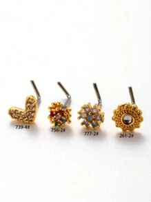 Toppiercing 1 件装欧美风格简约铜镶嵌心形和花朵形不锈钢鼻钉情人节 - 金黃色 - 查看 7