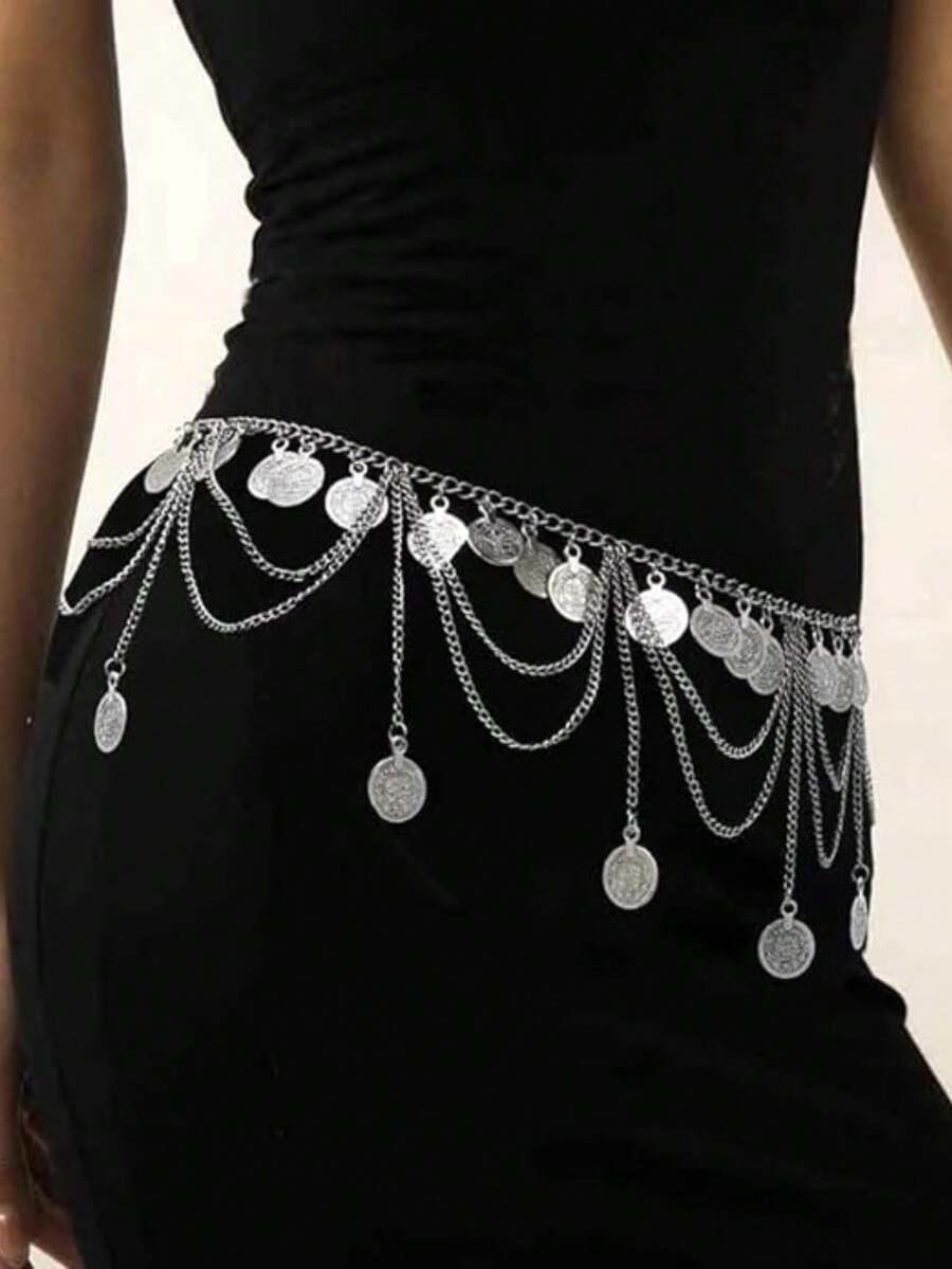 1入組比基尼腰鏈，流蘇金屬身體鏈，可調節女性沙灘穿著飾品，用於泳裝裝飾 - 彩色 - 查看 1