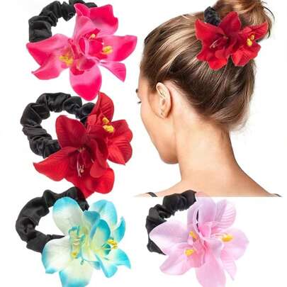 1pc Colorful Artificial Orchid Flower Hair Scrunchie, Fresh Floral Stretchy Hair Tie For Wedding, Party And Vacation,Hair Accessories,Ponytail ,Hair Elastics,Hair Rope,Hair Ties Ponytail Holders, Hair Bobbles Head Accessories Rubber Bands