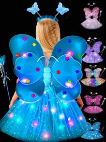1Set Glowing Fairy Wings, Angel Magic Wands, Fairy Hair Clip,Children's Performance Props, Sparkling  Skirt, Suitable For Children's Festivals, Party Gifts