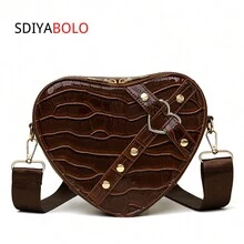 時尚愛心形鱷魚紋軟皮單肩包，Y2k風格鉚釘裝飾斜挎包，含和手機小錢包，適用於日常上下班和工作 - 酒紅色 - 查看 2