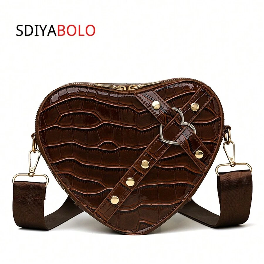 時尚愛心形鱷魚紋軟皮單肩包，Y2k風格鉚釘裝飾斜挎包，含和手機小錢包，適用於日常上下班和工作