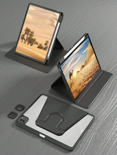 60°旋转平板电脑保护壳后盖，防震、高抗压、防刮擦，支持睡眠/唤醒功能，兼容内置Apple Pencil插槽，可调节视角 - 黑色，适用于iPad