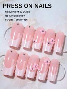 Conjunto de 24 piezas de uñas postizas cuadradas largas de diseño floral en 3D con pedrería al estilo francés, hechas de acrílico. Incluye 1 tubo de pegamento de jalea y 1 lima para uñas. Apto para mujeres y niñas para el uso cotidiano y de fiesta como suministros de uñas. uñas falsas uña falsa uña acrílica - Multicolor - Ver 3