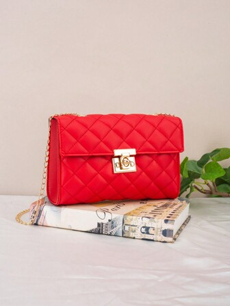 Large Capacity Versatile Women Shoulder Bag Diamond Shaped Crossbody Bag With Metal Lock, Fashionable Durable Chain Bag With Shoulder Strap, Cellphone Pocket Inside