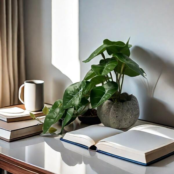 نبات صناعي عائم بأوراق اللبلاب المعلقة في وعاء