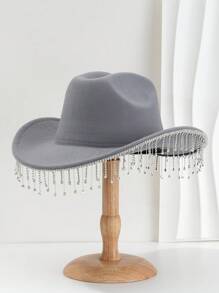 1pc Solid Color Unique Personality Sparkling Rhinestone Tassel Hat, With Shewee Cowgirl Hat, Suitable For Girlcore, Vintage, Floral, Spring Summer Bright Colors, Pink Aesthetic, Novel Punk Style Wide Brim BR Street Fashion, 2024 Wedding Essentials, Classy Aesthetic, Dinner Party Essentials, Suitable For Parties, Western-Themed Events, Gatherings, Engagement Parties, Cosplay, Graduation Ceremonies, Masquerades, Festivals, Weddings, Birthday Celebrations, Music Festivals, Coming-Of-Age Ceremonies Halloween