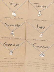 1pc Stainless Steel Lock & Square Chain Zodiac Pendant Necklace With 12 Constellation Signs And Birthday Gift Card - Silver - View 1