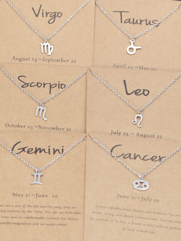 1pc Stainless Steel Lock & Square Chain Zodiac Pendant Necklace With 12 Constellation Signs And Birthday Gift Card