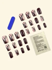 24 件 Y2K 长棺材假指甲，粉色渐变法式优雅简约时尚，甜美时尚，可拆卸指甲贴适合节日、派对、约会、日常佩戴按压指甲美甲用品 - 酒紅色 - 查看 3