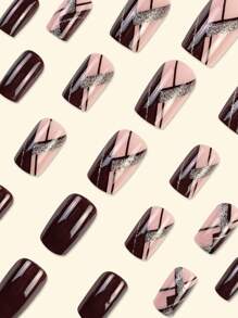 24 件 Y2K 长棺材假指甲，粉色渐变法式优雅简约时尚，甜美时尚，可拆卸指甲贴适合节日、派对、约会、日常佩戴按压指甲美甲用品 - 酒紅色 - 查看 2