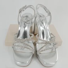 Sandalias de tacón alto grueso con rhinestones, estilo romano, cómodas para fiesta/vacaciones, ideales para fiestas y clubes, de moda para mujer - Plateado - Ver 6